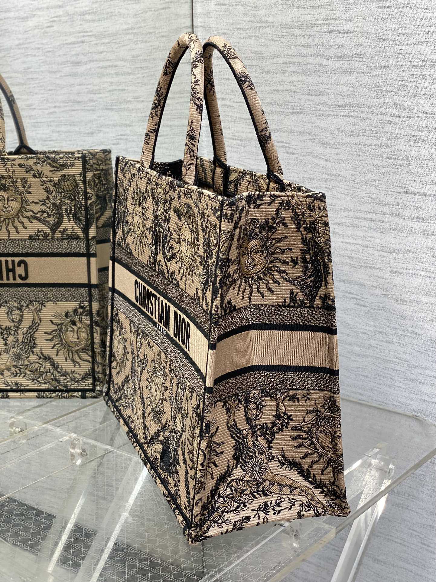 Large Dior Book Tote Bag Beige and Black Toile de Jouy Soleil Embroidery